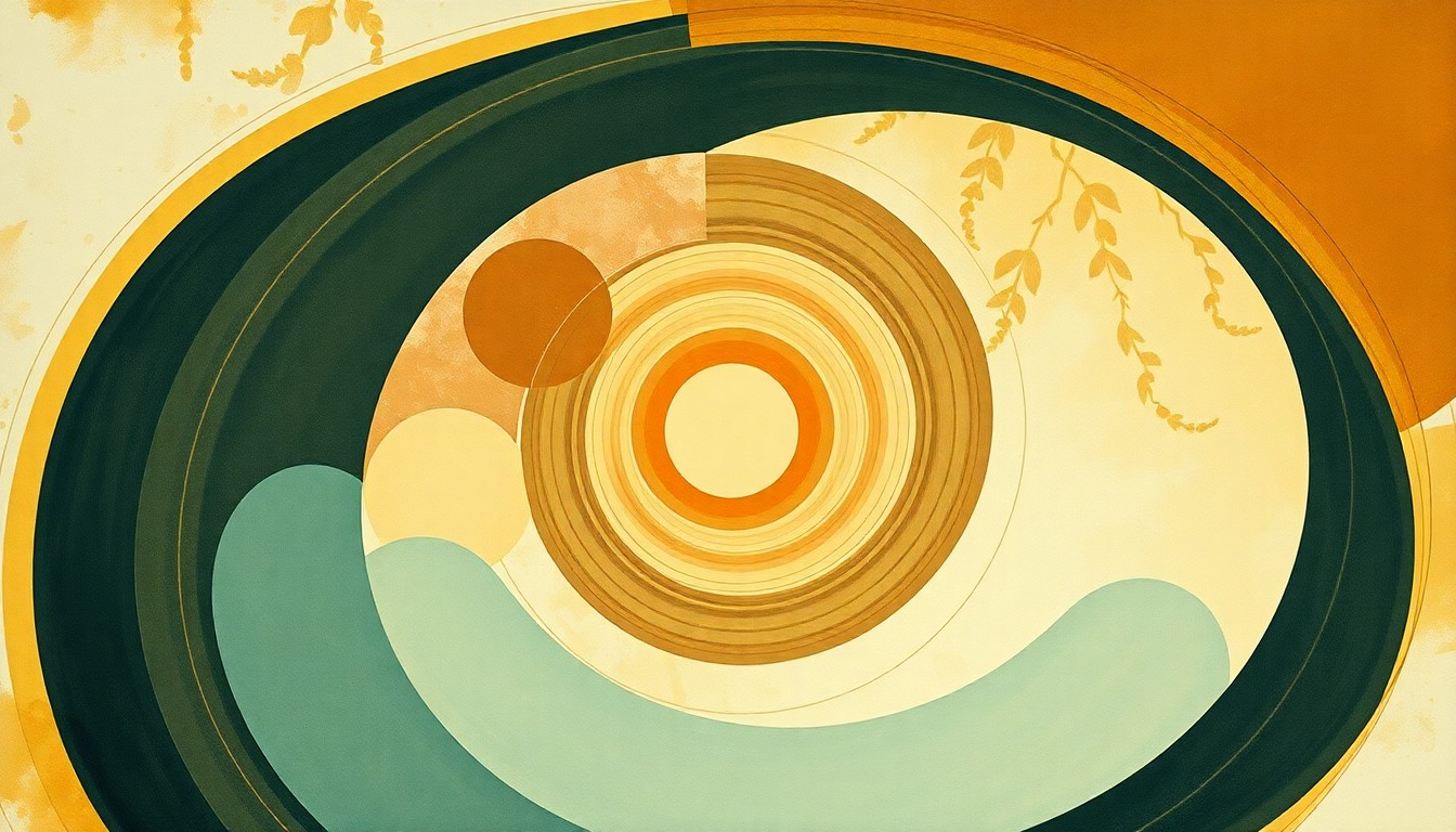 A bold, abstract painting in muted earth tones depicting sweeping geometric arcs, concentric circles, and precise botanical spirals, visually representing the intricate chemical and biological processes involved in the natural nitrogen cycle.