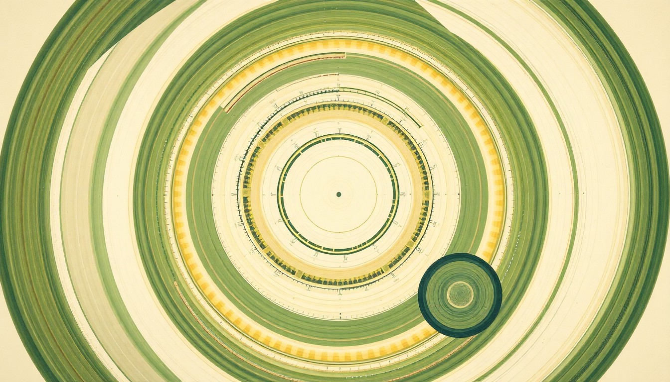 A highly textured, abstract painting in muted greens, browns, and blues, featuring sweeping geometric shapes, concentric circles, and precise botanical spirals, conceptually representing the complex life cycle of soybean cyst nematodes and how annual ryegrass cover crops can disrupt their patterns.