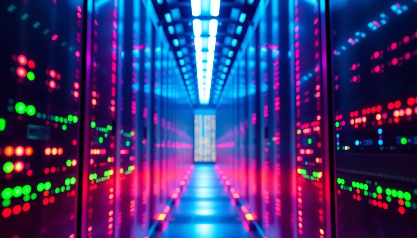 A glowing, highly detailed 3D illustration of a futuristic data center rack, with neon cyan and magenta lights illuminating the intricate hardware components, conceptually representing the physical infrastructure powering the AI startup boom in San Francisco.