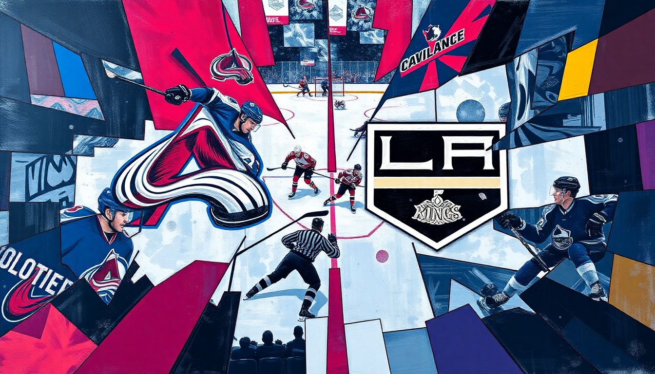 A fractured, multi-perspective painting depicting a hockey game between the Colorado Avalanche and Los Angeles Kings. Sharp, overlapping geometric planes in the teams' colors create a dynamic, abstract composition.