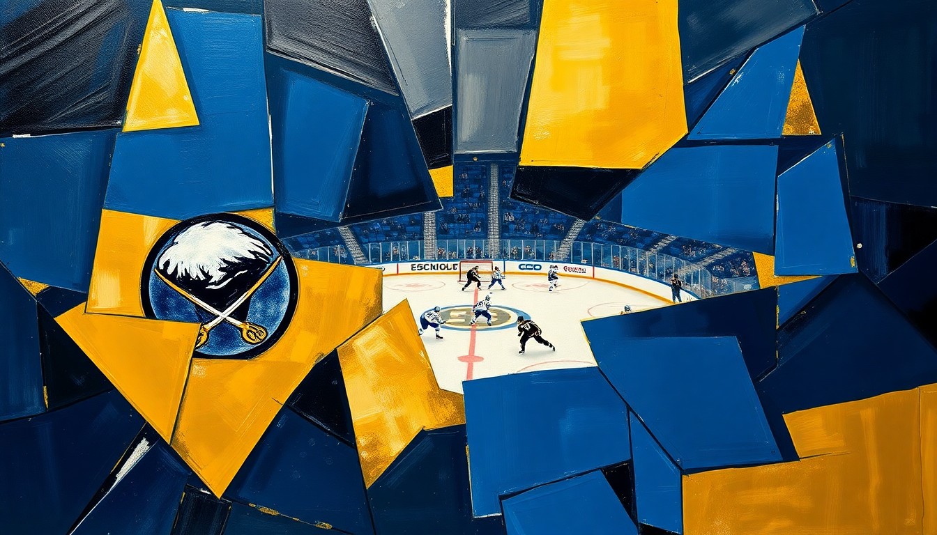 A cubist, geometric painting depicting a hockey game between the Buffalo Sabres and Boston Bruins, with the players and action broken down into sharp, overlapping planes of navy blue, gold, and black.