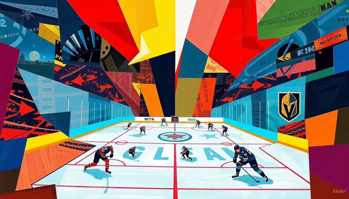 A fractured, cubist-style painting depicting the action and energy of a hockey game between two teams, with sharp geometric shapes and planes in their official team colors.