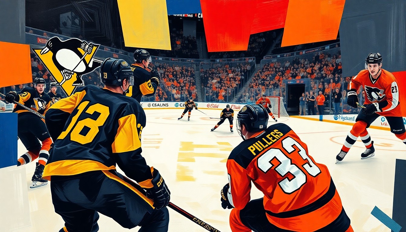 A fractured, multi-perspective painting depicting a hockey game between the Pittsburgh Penguins and Philadelphia Flyers, with the players and action broken down into sharp, overlapping geometric shapes and planes in a cubist style.
