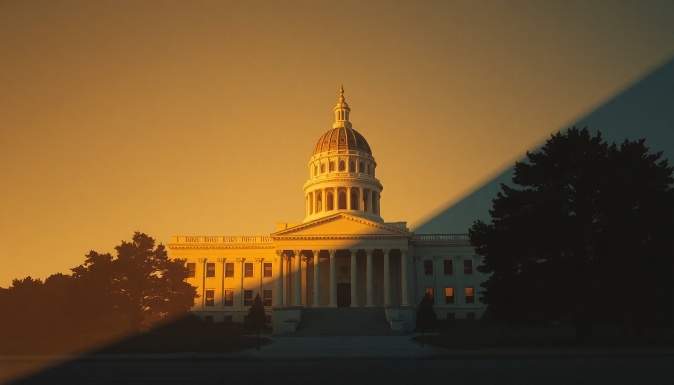 A serene, cinematic painting of a California state capitol building in warm, golden light, conveying a sense of political uncertainty and transition.