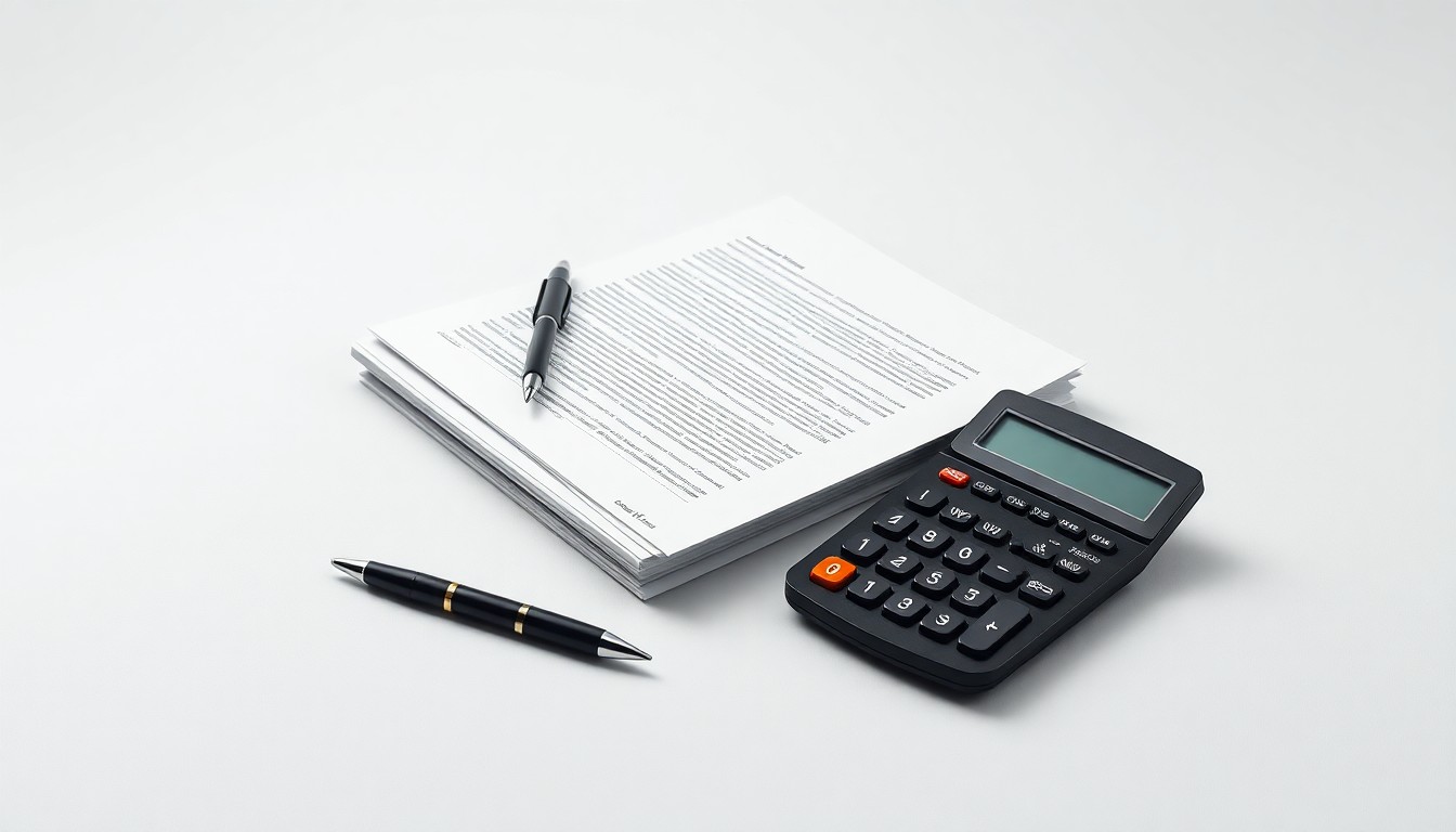 A photorealistic studio still life featuring a stack of legal documents, a pen, and a calculator arranged on a clean, monochromatic background, symbolizing the abstract corporate strategy and legal issues at the heart of this securities case.