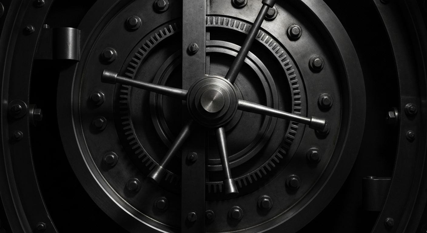 An extreme close-up of the complex, interlocking metal components of a large bank vault door, conveying the idea of secure, institutional finance through a dramatic, cinematic visual style.