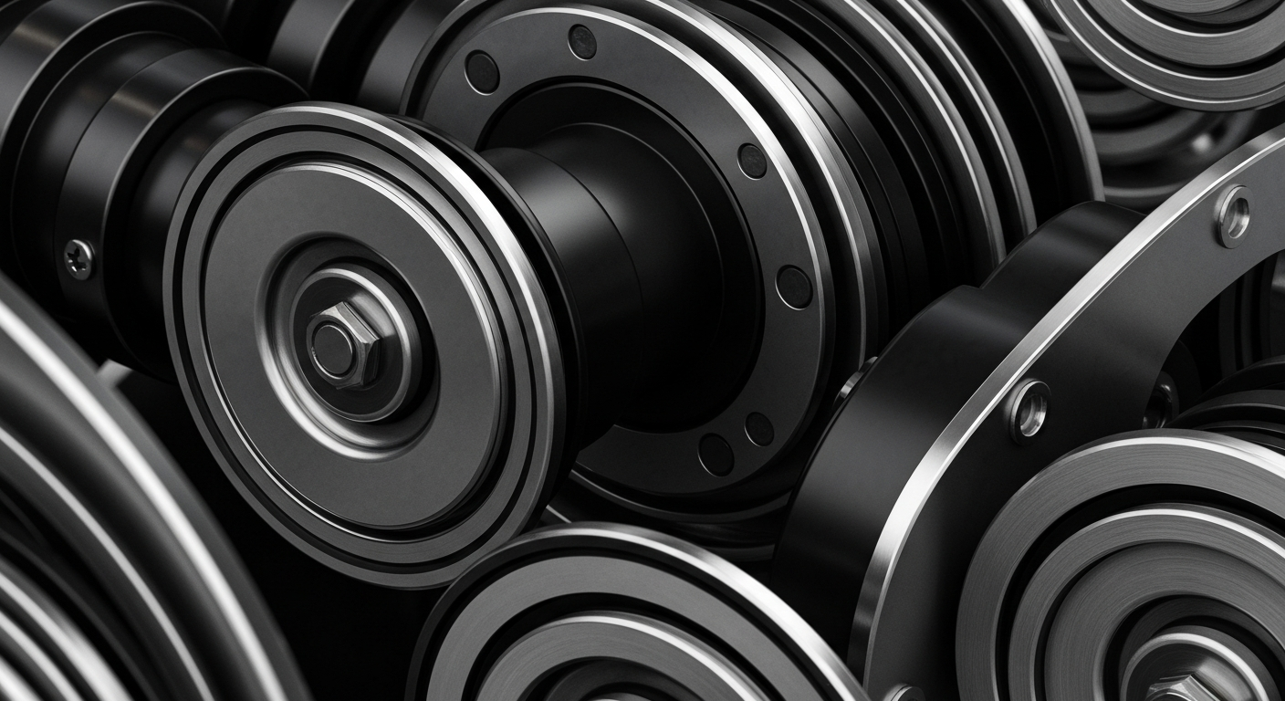 An extreme close-up photograph of the gears, levers, and metal components of a banking machine, conveying the tangible, industrial nature of financial institutions.