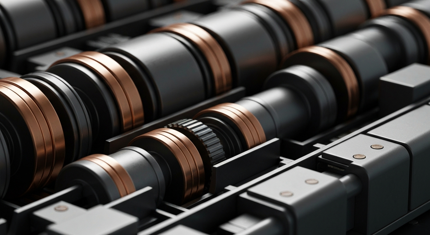 An extreme close-up of gears, levers, and other heavy industrial components that make up the physical infrastructure of the banking and financial system, rendered in a high-contrast, cinematic style that emphasizes the scale and power of these unseen mechanisms.