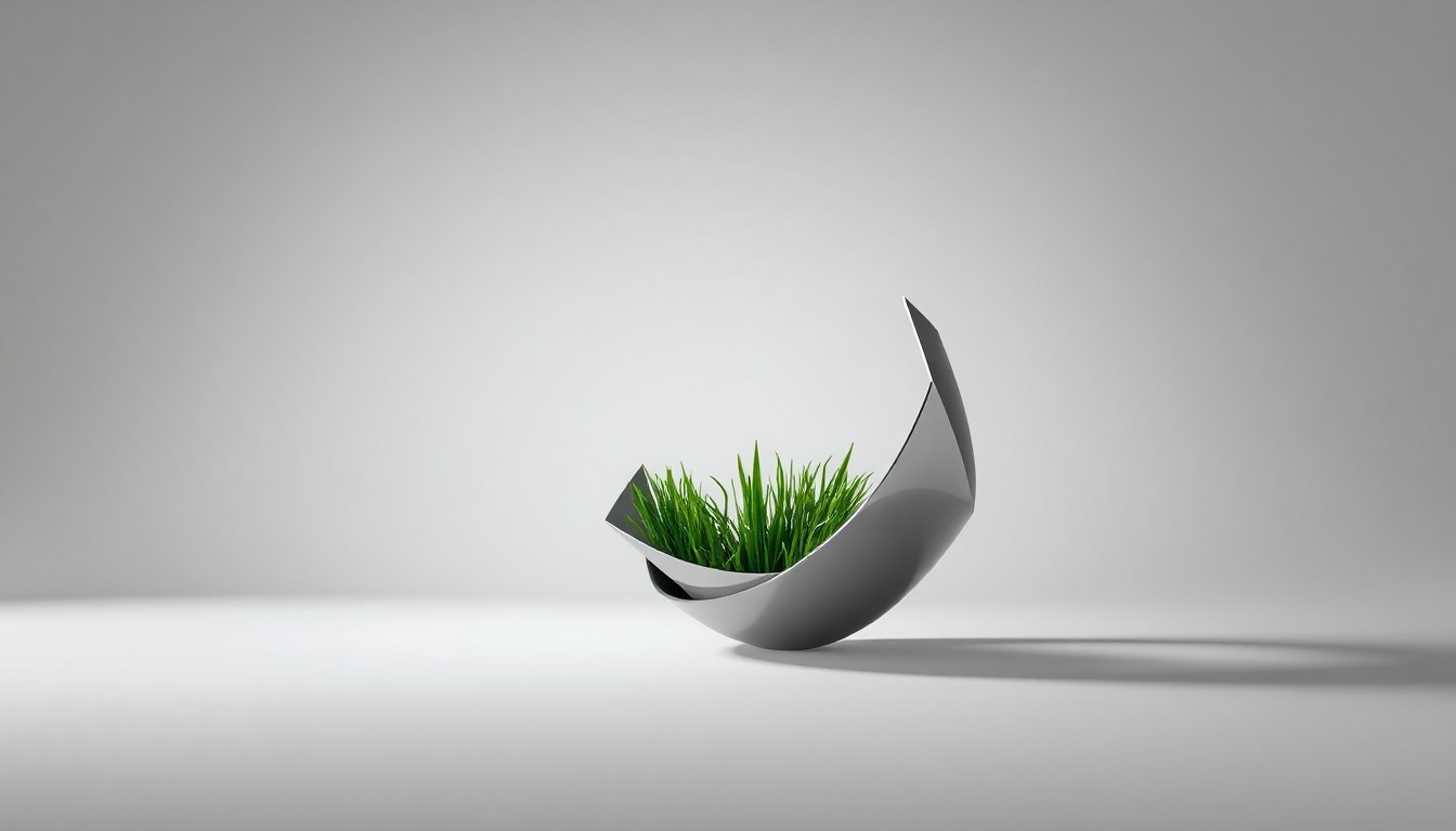 A highly polished, abstract metal sculpture or object representing the intersection of finance and agriculture, floating on a clean, monochromatic background and illuminated with dramatic studio lighting to symbolize the growing connection between Wall Street and sustainable farming.