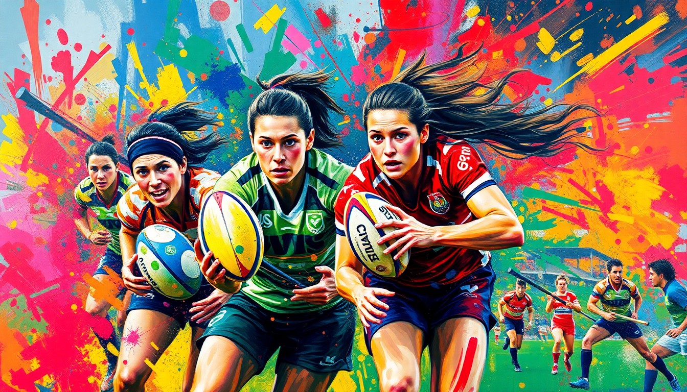 An abstract, expressionist painting in vibrant neon colors depicting the raw energy and physicality of a women's rugby match, with players' forms dissolving into unrecognizable brushstrokes.