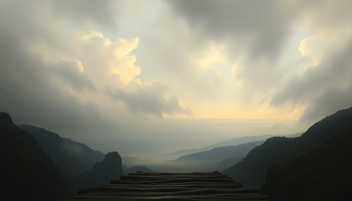 A sweeping, atmospheric landscape painting in muted tones of gray and blue, with a damaged bridge deck barely visible in the foreground, conceptually illustrating the impact of extreme weather on transportation infrastructure.