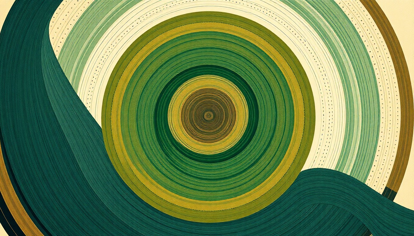 A bold, highly structured abstract painting in muted earthy tones, featuring sweeping geometric arcs, concentric circles, and precise botanical spirals, conceptually visualizing the intricate natural systems and technological advancements that have facilitated the growth of sustainable no-till agriculture.