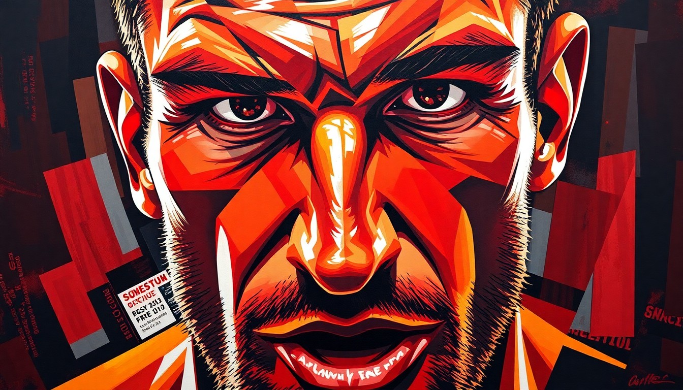 A fractured, cubist-style painting depicting an intense close-up of a fighter's face, with sharp geometric planes of deep red, orange, and black colors capturing the raw energy of combat.