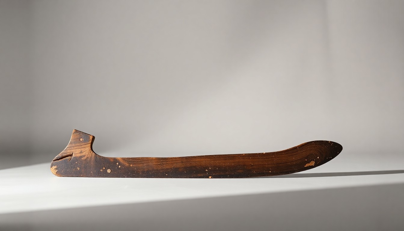A photorealistic studio still life of a weathered wooden plow blade resting on a clean, monochromatic background, conceptually representing the abstract legal and regulatory challenges facing farmers.