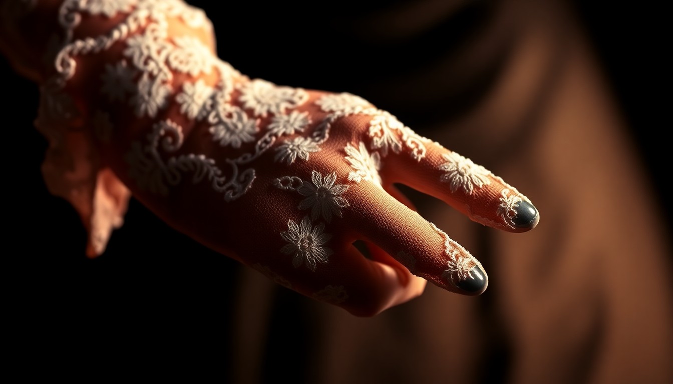 An extreme close-up photograph of a heavily textured, sparkling lace glove in dramatic high-contrast lighting, conceptually representing the glamour and energy of a surprise musical performance.