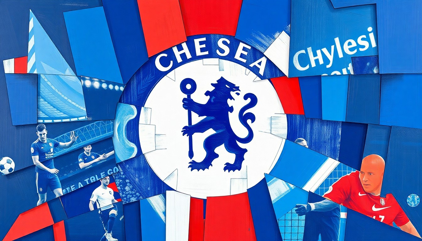 A fragmented, geometric painting in bold blues, whites, and reds, capturing the dynamic movement and energy of a Chelsea football match through Cubist-inspired shapes and planes.