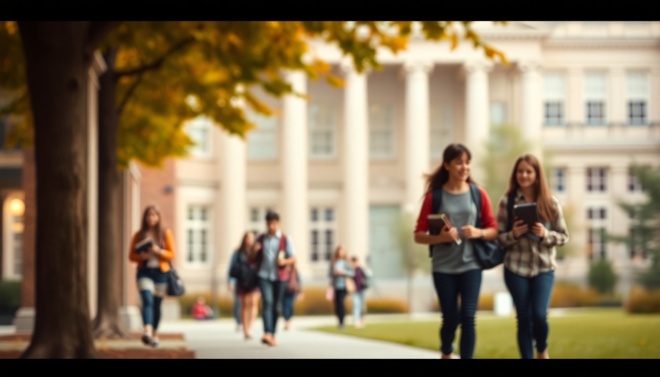 An abstract, impressionistic photograph in soft, warm tones depicting the blurred silhouettes of college students walking on a campus, with indistinct architectural details in the background, conceptually representing the legacy of a student journalist.