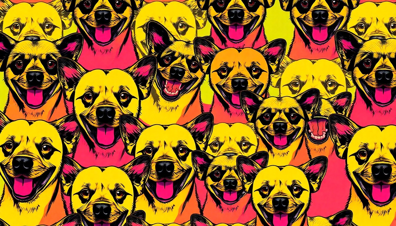 A highly stylized, repeating pattern of a smiling dog's face rendered in bold, neon-bright colors and heavy black outlines, conceptually representing the joyful energy and community spirit of an animal welfare fundraiser.