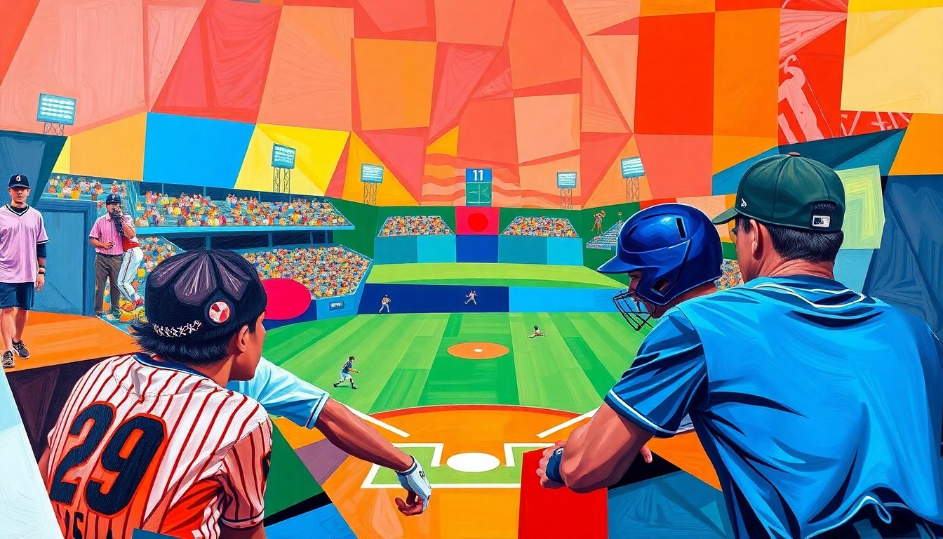 A fractured, multi-perspective painting depicting a baseball or softball game, with sharp geometric planes in vibrant team colors representing the energy and passion of community sports.