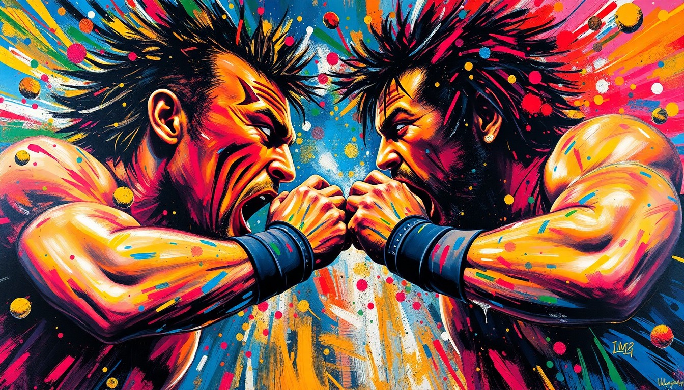 An abstract, expressionist painting featuring bold, sweeping brushstrokes in neon colors that convey the dynamic movements and energy of a professional wrestling match.