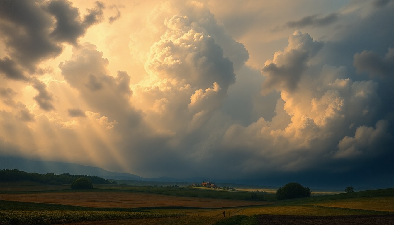 A vast, atmospheric landscape painting in muted tones of gray, blue, and gold, depicting a small farm nestled beneath a dramatic, stormy sky. The scene conveys the overwhelming power of nature and the need for farmers to adopt resilient strategies to withstand weather extremes.
