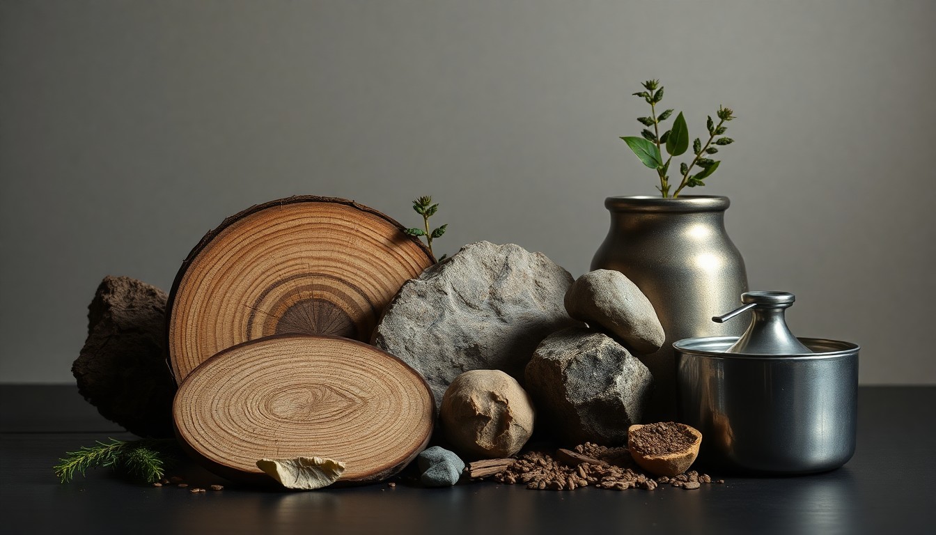 A high-end, photorealistic studio still-life photograph featuring a carefully arranged composition of premium, polished natural materials like wood, stone, and metal, representing the tangible elements of sustainable farming practices. The objects are lit dramatically with deep shadows to convey a sense of weight and substance.