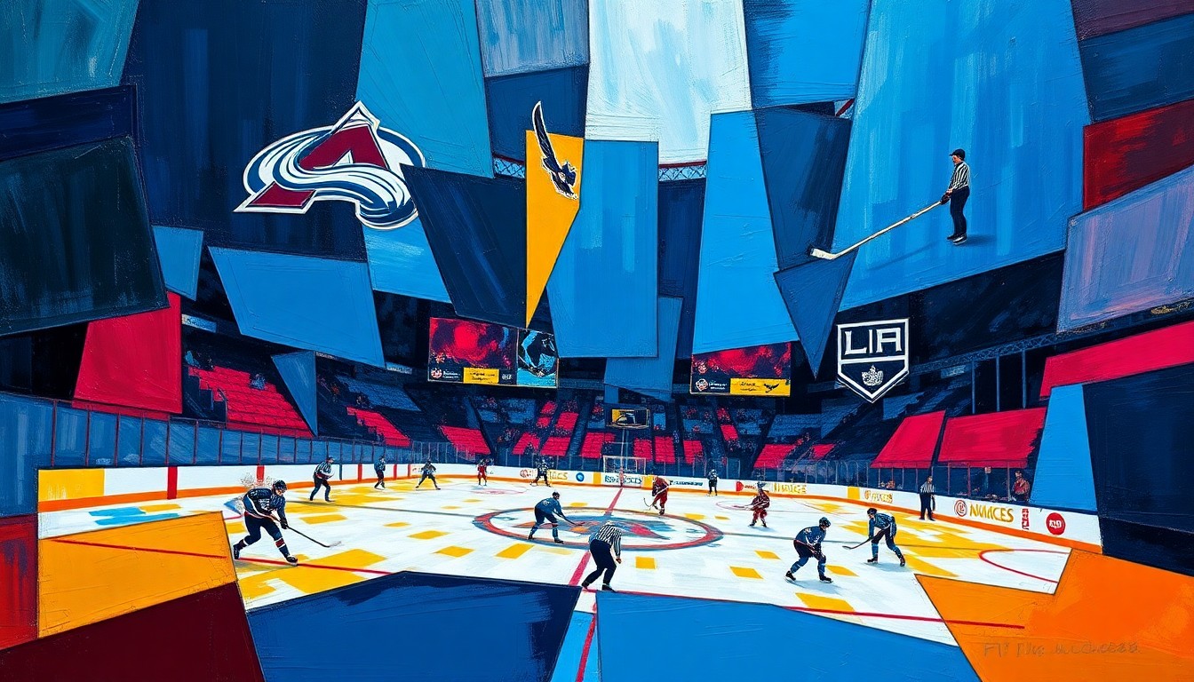 A cubist, fragmented painting depicting a hockey game, with sharp geometric shapes in shades of blue, red, and gold representing the action on the ice.