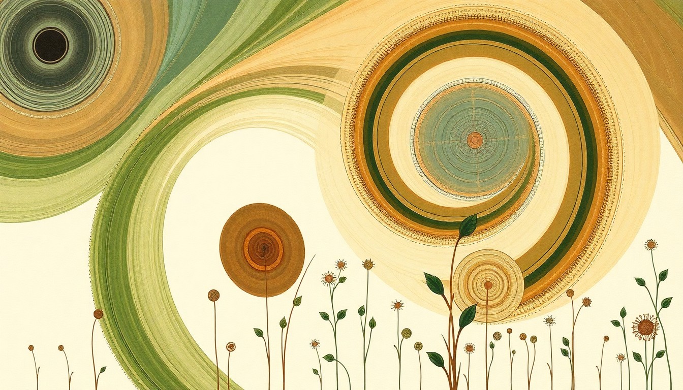 A highly structured abstract painting featuring sweeping geometric arcs, concentric circles, and precise botanical spirals in earthy tones, conceptually representing the complex interplay of optical sensors, herbicide sprayers, and weed growth patterns in precision agriculture.