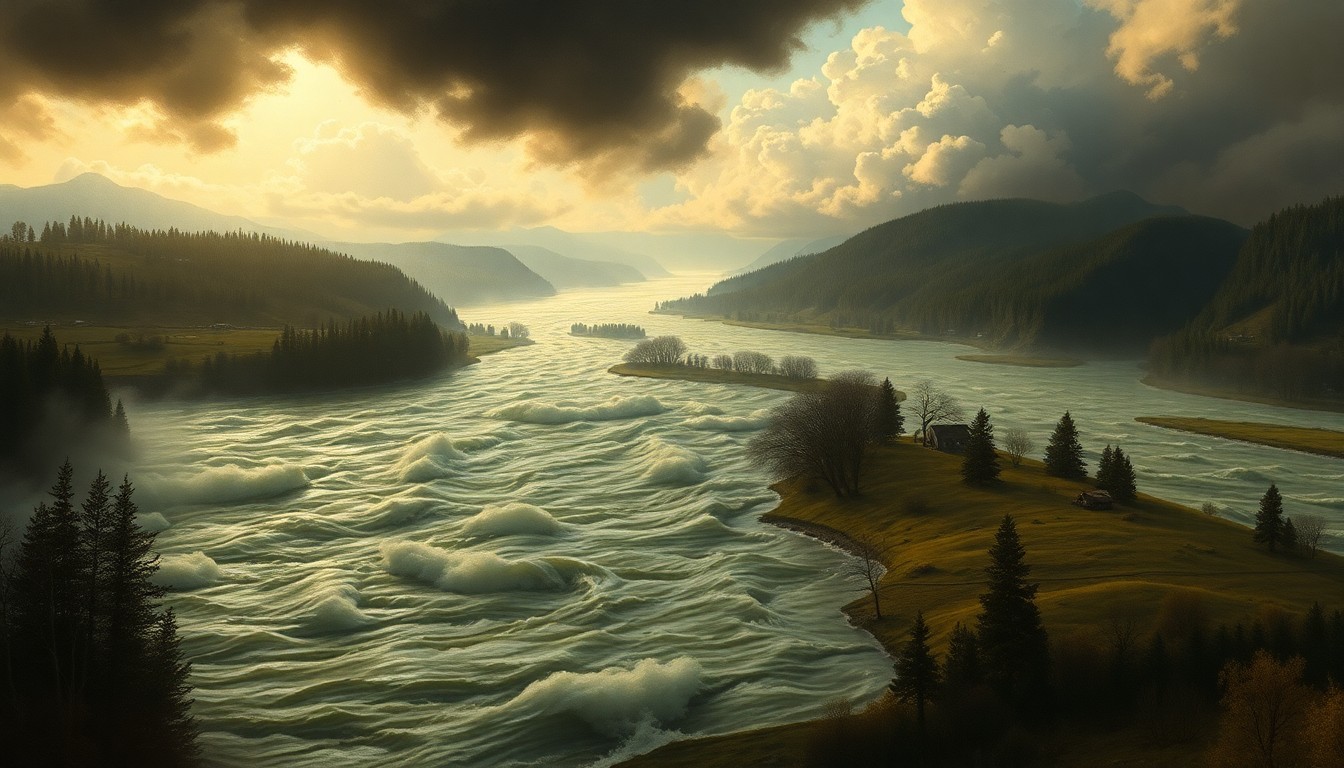 A sweeping, atmospheric landscape painting depicting the Palouse River swollen with floodwaters, the river's banks overflowing and dwarfing any structures or objects caught within the scene. The composition uses deep perspective and dramatic lighting to convey the overwhelming, sublime scale of the natural disaster.