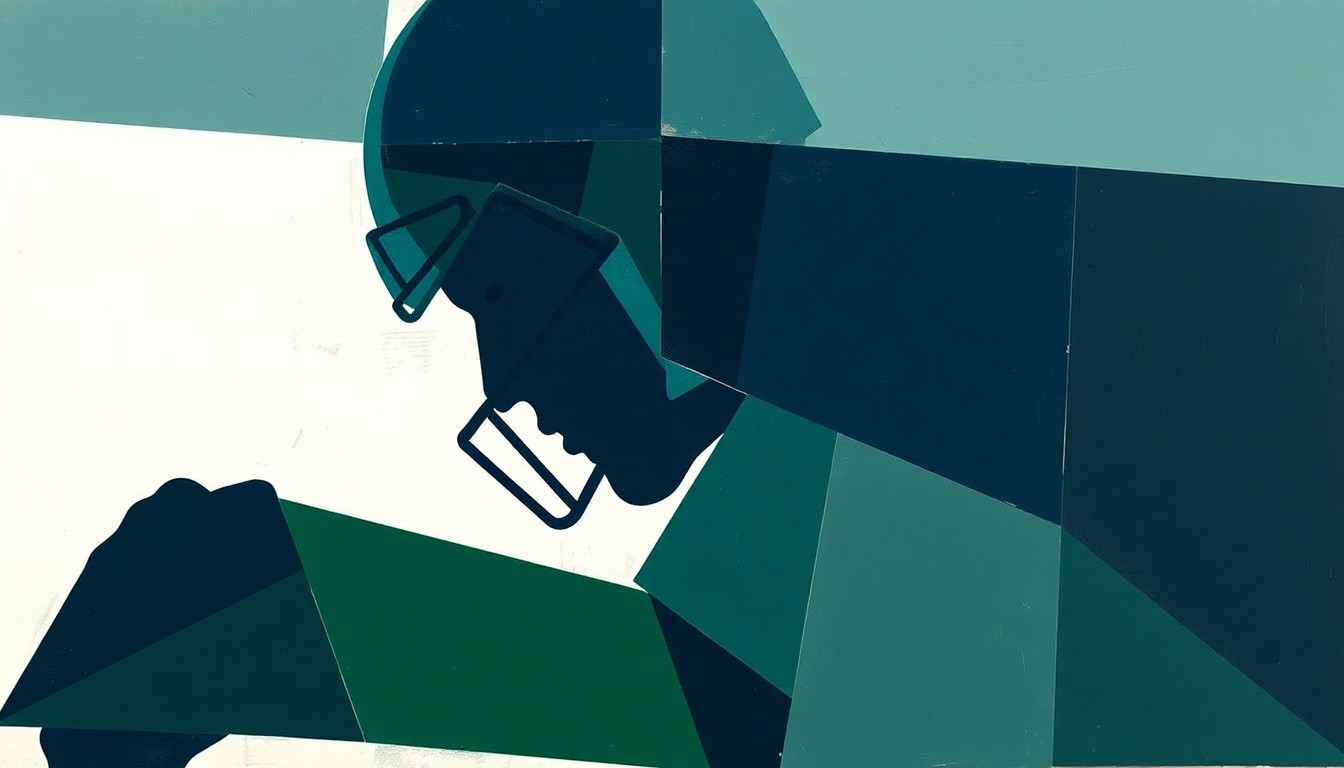 A cubist, geometric illustration depicting the silhouette of a football player broken down into overlapping planes of navy blue, forest green, and charcoal grey, conceptually representing the evolving landscape of the NFL Draft.