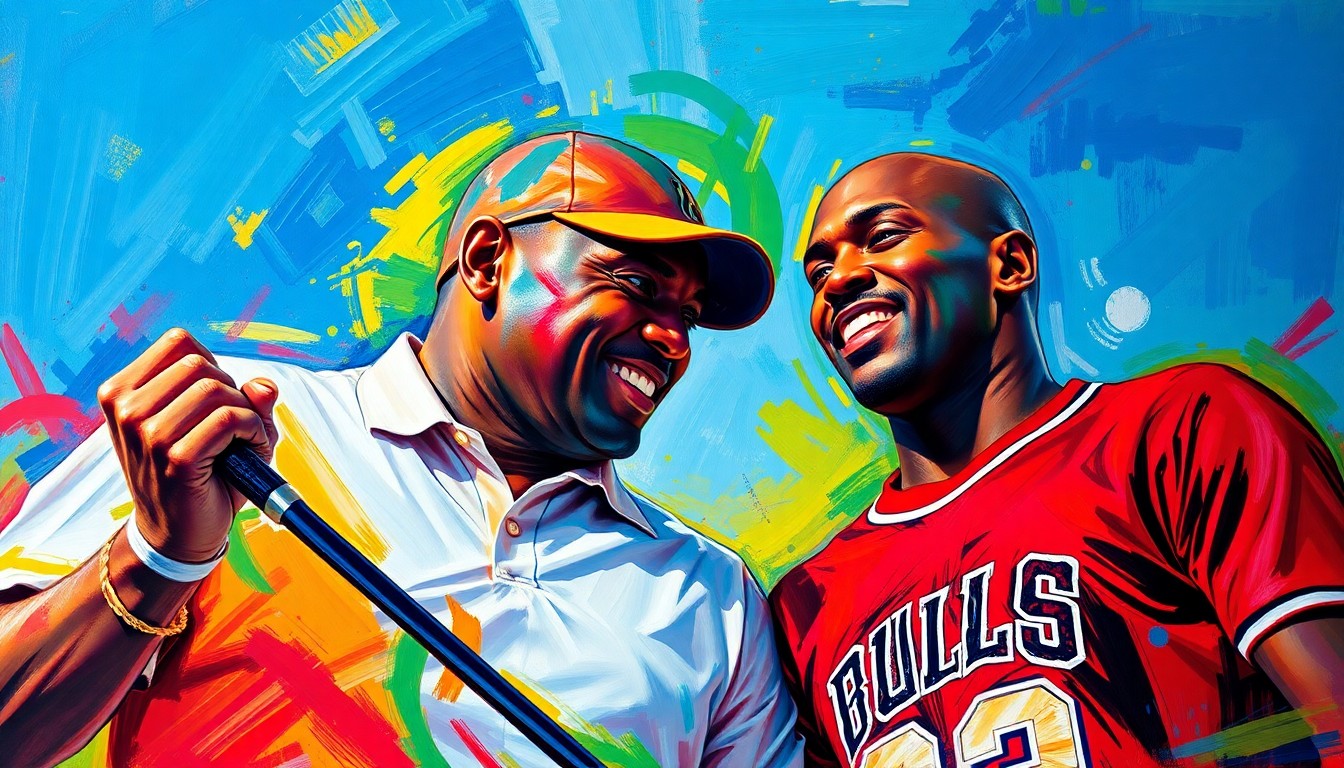 An abstract, energetic painting featuring bold, neon-colored brushstrokes that capture the dynamic movement and competitive spirit of two NBA legends, Charles Barkley and Michael Jordan, as they prepare to reunite for a round of golf.