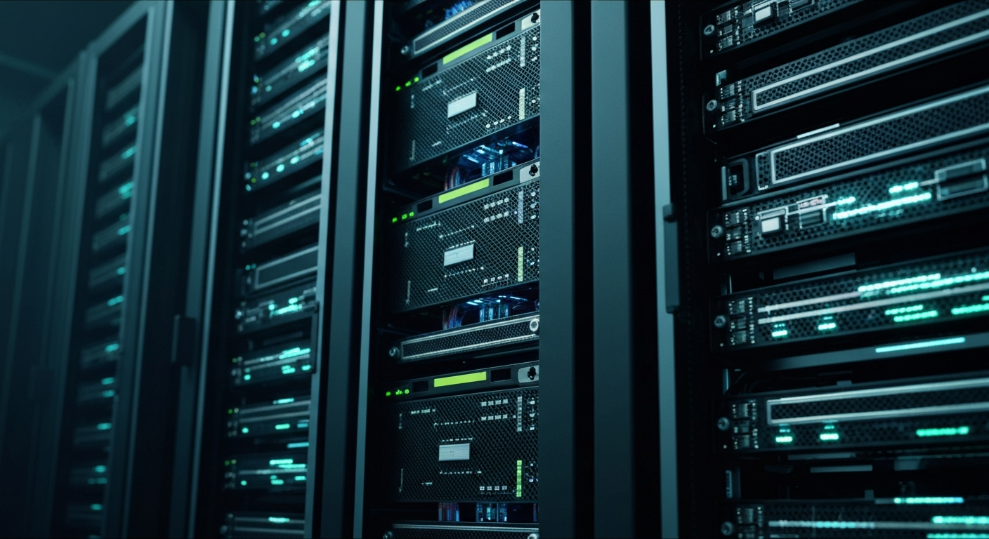 An extreme close-up of the intricate machinery and cabling inside a high-performance data server rack, conveying the complex technological backbone powering Meta's AI initiatives.