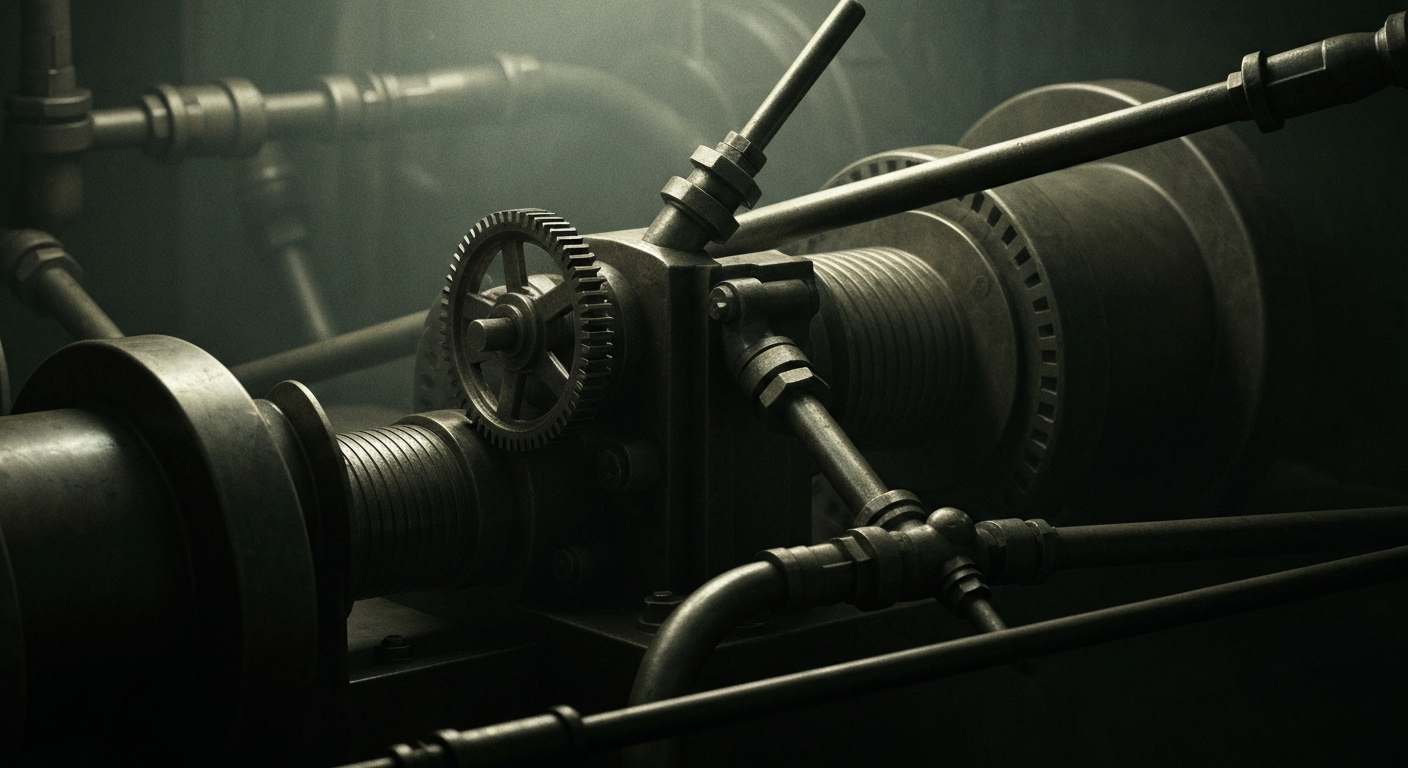 An extreme close-up of heavy, industrial banking equipment and machinery, conveying the fragility of the financial system in the face of global unrest.