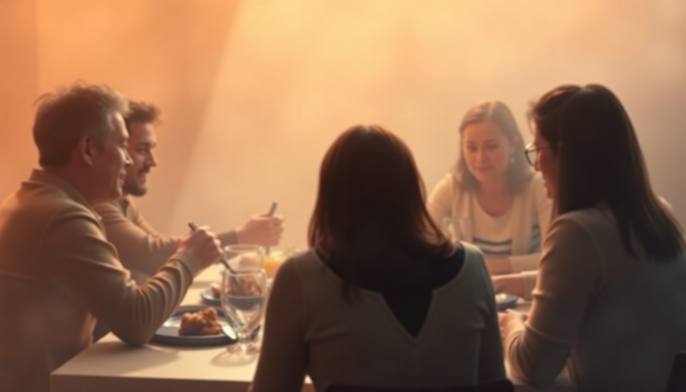 An abstracted, out-of-focus photograph depicting a group of people gathered around a table, enjoying a shared meal together in a warm, hazy setting that conveys a sense of community and connection.