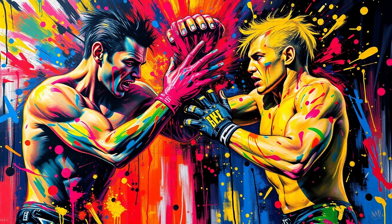 An abstract, energetic painting in neon colors and rapid brushstrokes, depicting the visceral intensity of a Power Slap competition, with the competitors' faces and bodies dissolved into unrecognizable splatters of paint.