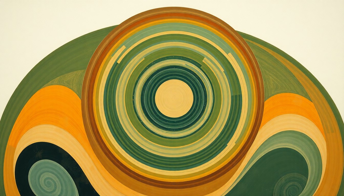 A highly textured, abstract painting in muted earth tones featuring sweeping geometric shapes, concentric circles, and precise botanical spirals, conceptually representing the complex scientific principles behind sustainable triple-cropping practices in agriculture.