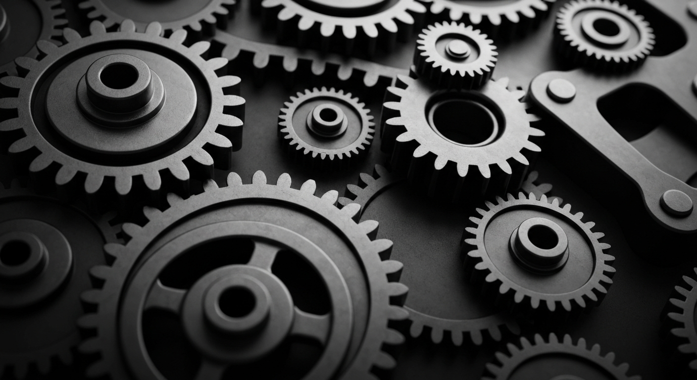 An extreme close-up of interlocking metal gears and machinery in shades of grey and black, conceptually representing the complex financial infrastructure behind Meta Platforms' operations.