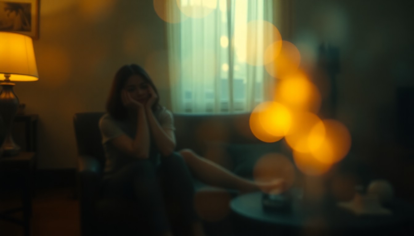 An extremely blurred and abstracted indoor scene with soft, warm lighting, depicting a solitary figure sitting alone on a couch, conveying a sense of melancholy and isolation.