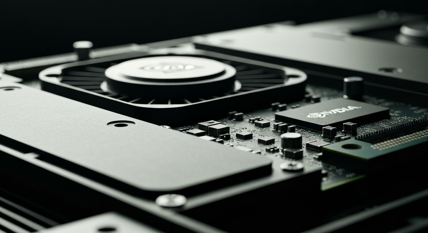 A close-up view of the complex inner circuitry and components of a high-performance NVIDIA graphics processing unit, rendered in a gritty, industrial style that conveys a sense of power and technological sophistication without any text or branding.