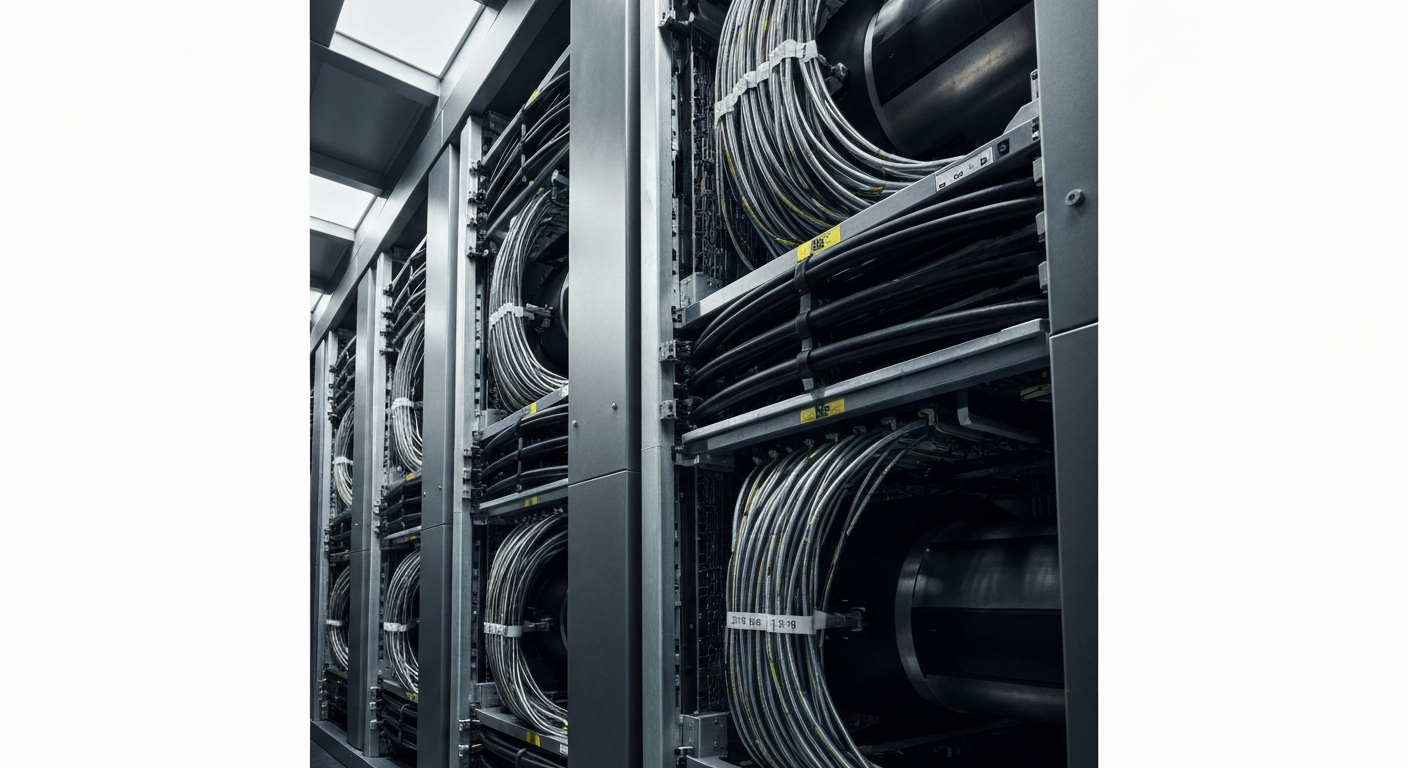A cinematic close-up of the intricate, heavy-duty machinery and cabling that powers a modern data center, conveying the scale and technological sophistication behind Microsoft's cloud computing services.