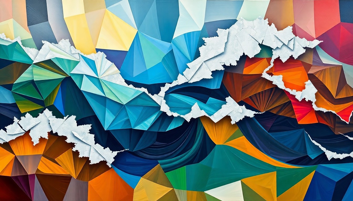 A vibrant, abstract painting with overlapping, geometric shapes and waves of color, conveying the chaotic and interconnected nature of the global energy crisis and diplomatic tensions surrounding the Russia-Ukraine conflict.