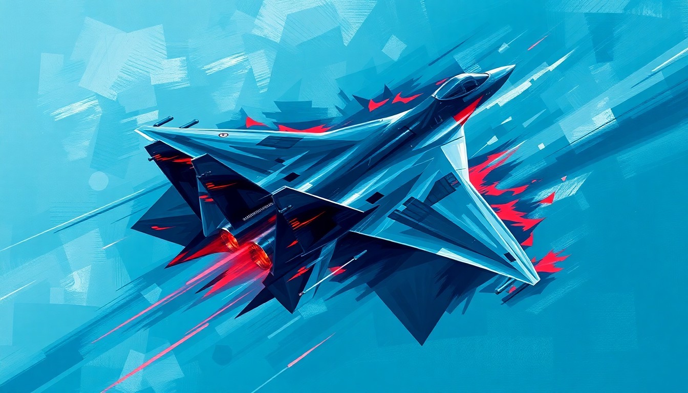 A dynamic, abstract painting depicting a Su-57 fighter jet in flight, its form fractured and repeated in overlapping, geometric waves of dark blue, silver, and red, conveying a sense of speed and power.