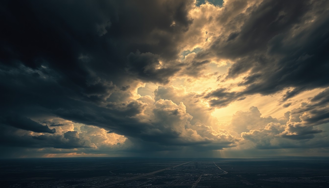 A vast, atmospheric landscape painting depicting a dramatic, cloud-filled sky looming over the distant cityscape of San Antonio, Texas, conveying the overwhelming scale and energy of an approaching storm system.