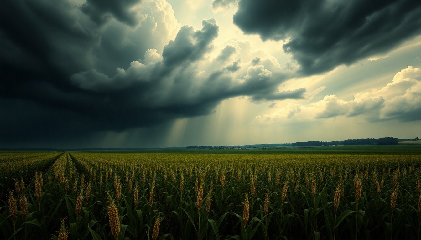 A vast, atmospheric landscape painting in muted tones of gray, blue, and green, depicting a stormy, rain-swept field of corn under a dramatic, brooding sky. The towering clouds and heavy rain obscure the details of the corn plants, conveying the overwhelming power of the weather and the vulnerability of the crop.