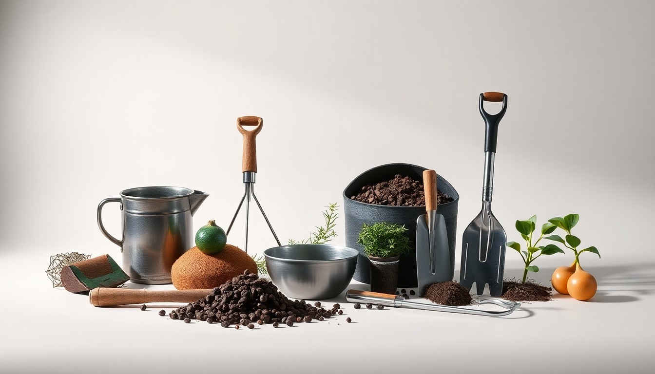 A high-end studio still life photograph featuring a collection of polished, premium farming tools and equipment arranged elegantly on a clean, monochromatic background, conceptually representing the modern, sustainable farming practices embraced by the grower.