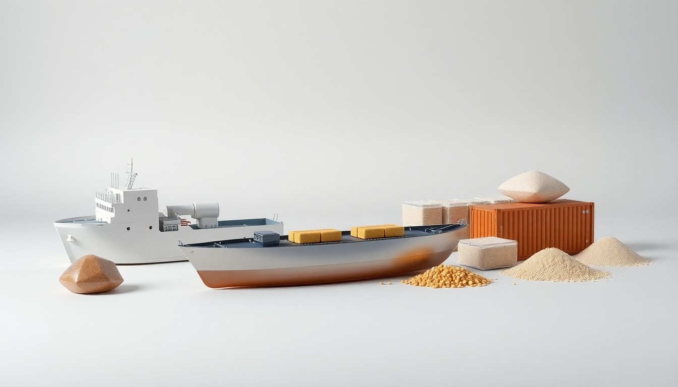A high-end, photorealistic studio still-life photograph featuring a collection of polished, geometric objects representing the transportation and logistics of the grain supply chain, including a model barge, shipping containers, and premium raw materials, arranged elegantly on a clean, monochromatic seamless background using sharp, dramatic studio lighting and deep shadows.