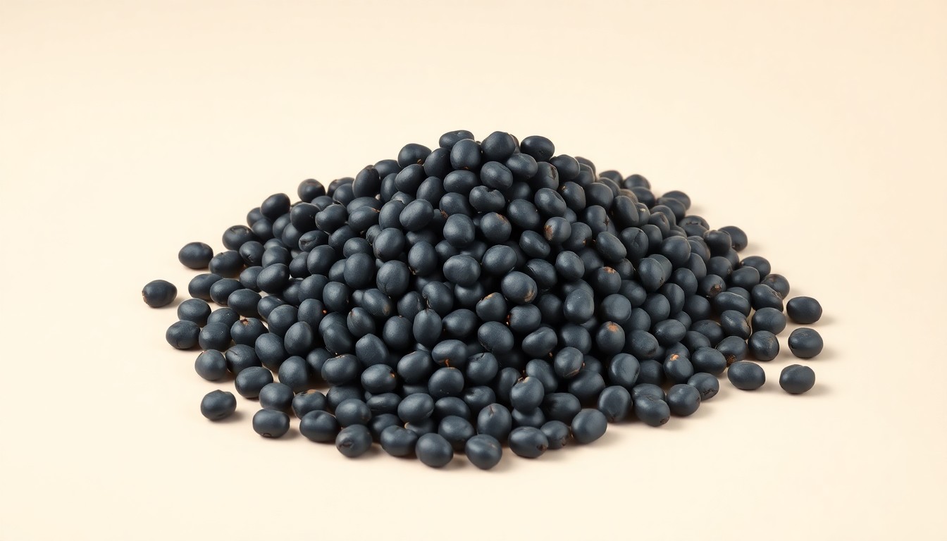 A close-up photograph of a pile of freshly harvested navy beans arranged on a clean, monochromatic background, representing the farmer's commitment to sustainable agriculture.