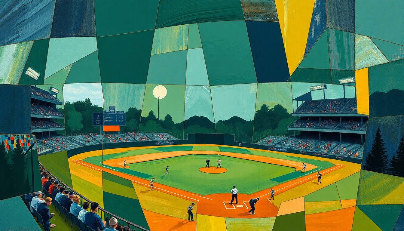 A cubist, geometric painting depicting the action and energy of a high school baseball game, with sharp planes of color and overlapping perspectives capturing the competitive spirit of the Tri-Valley League.