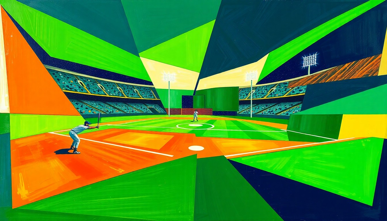 A cubist, geometric painting depicting a softball game broken down into overlapping planes of bright green, navy blue, and orange, conveying the dynamic energy and competition of the sport.