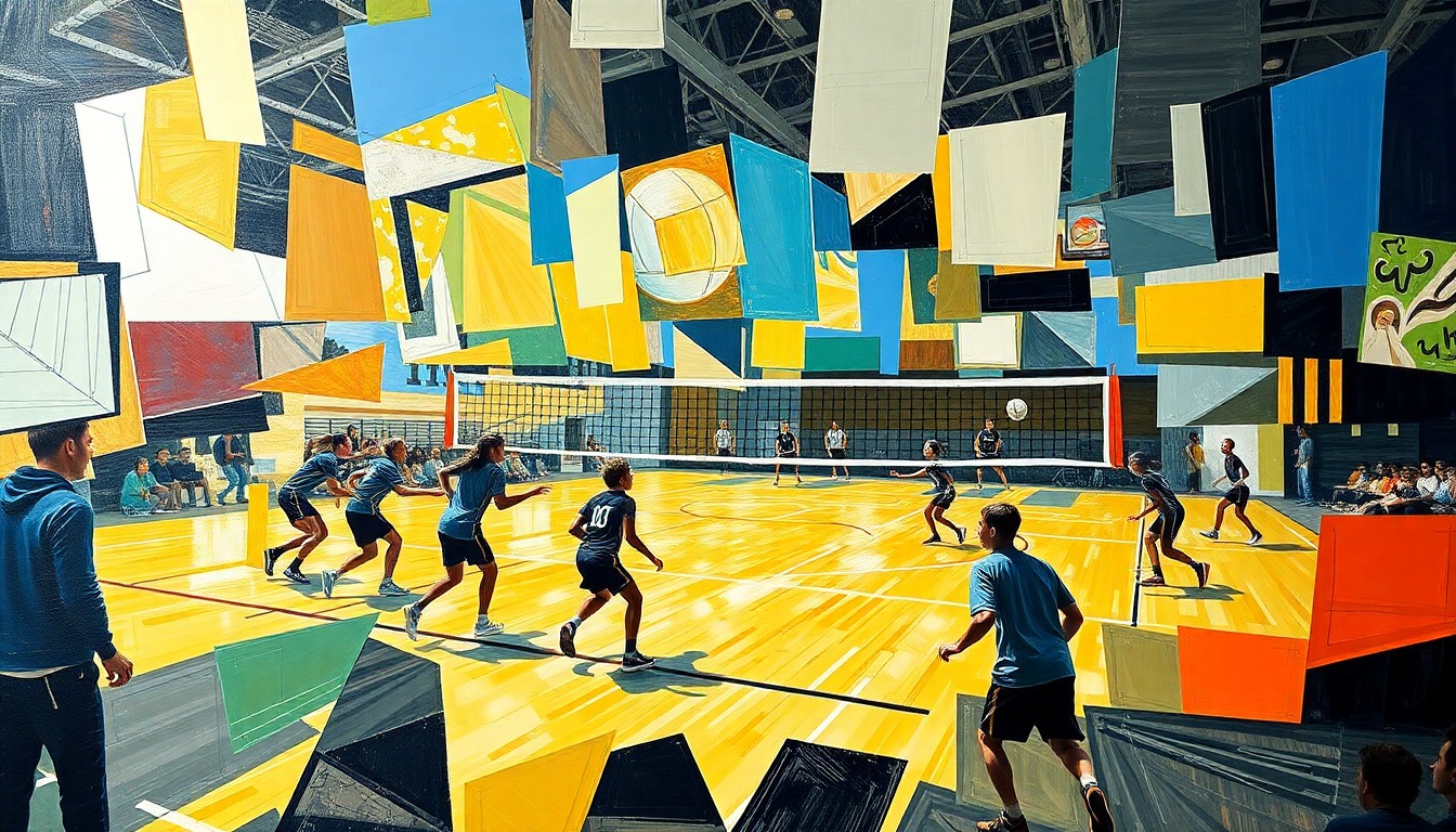 A fragmented, geometric painting depicting the dynamic movements and energy of a high school volleyball match, with players and the court broken down into sharp, overlapping planes of color and form.